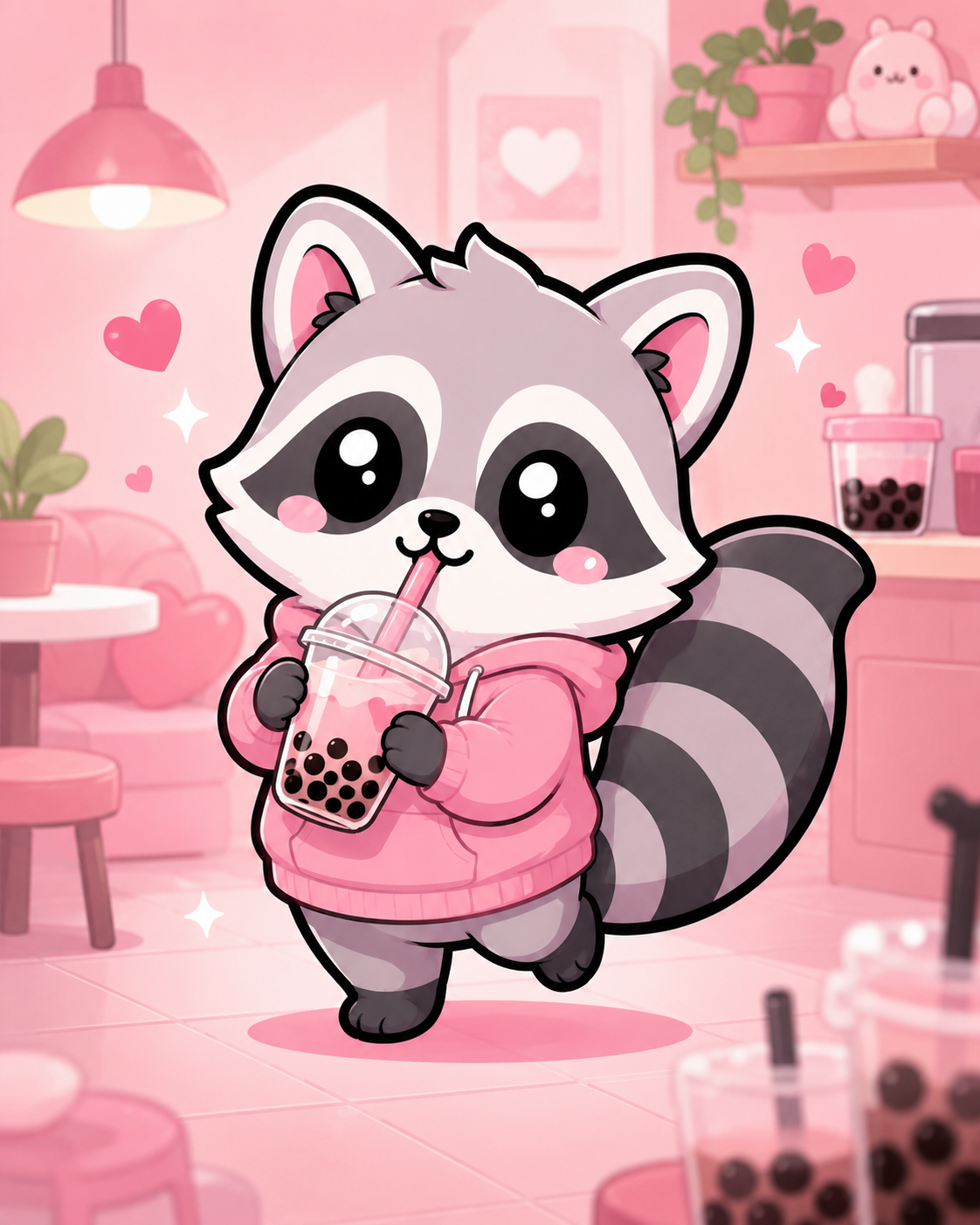 MicRaccoon wearing a pink hoodie and holding boba