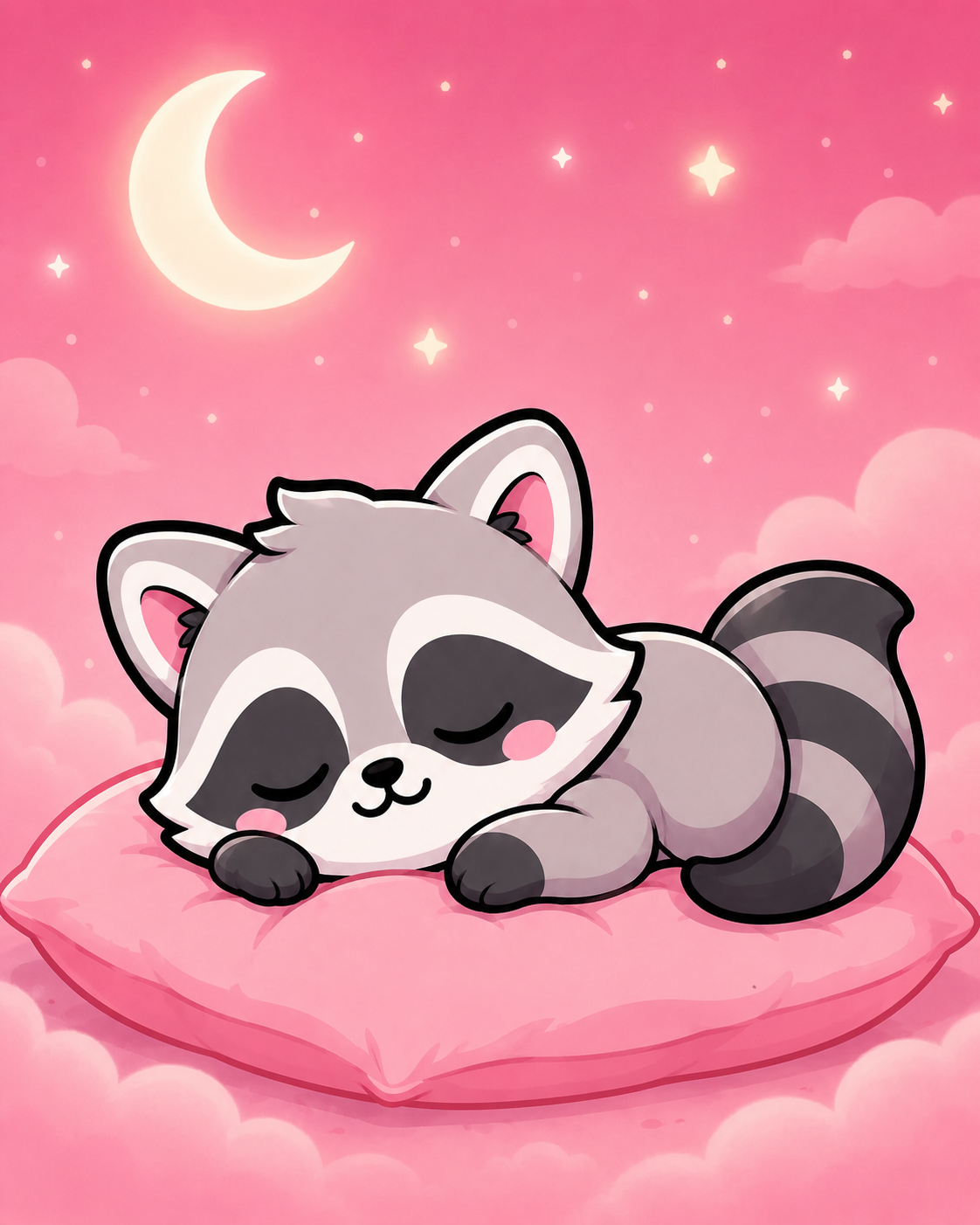 Sleepy MicRaccoon on a pink pillow
